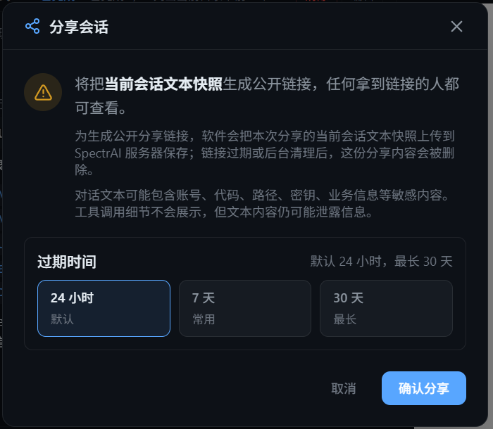 分享会话对话框,含过期时间选择与确认分享按钮