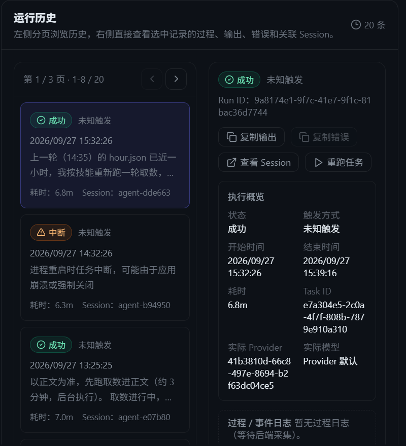 运行历史详情面板